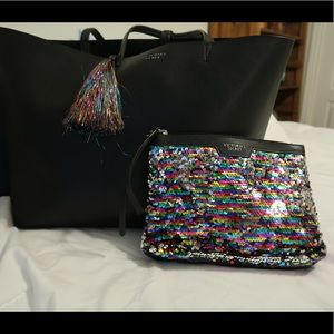 Victoria’s Secret black large tote and sequin clutch gently used -matching set!